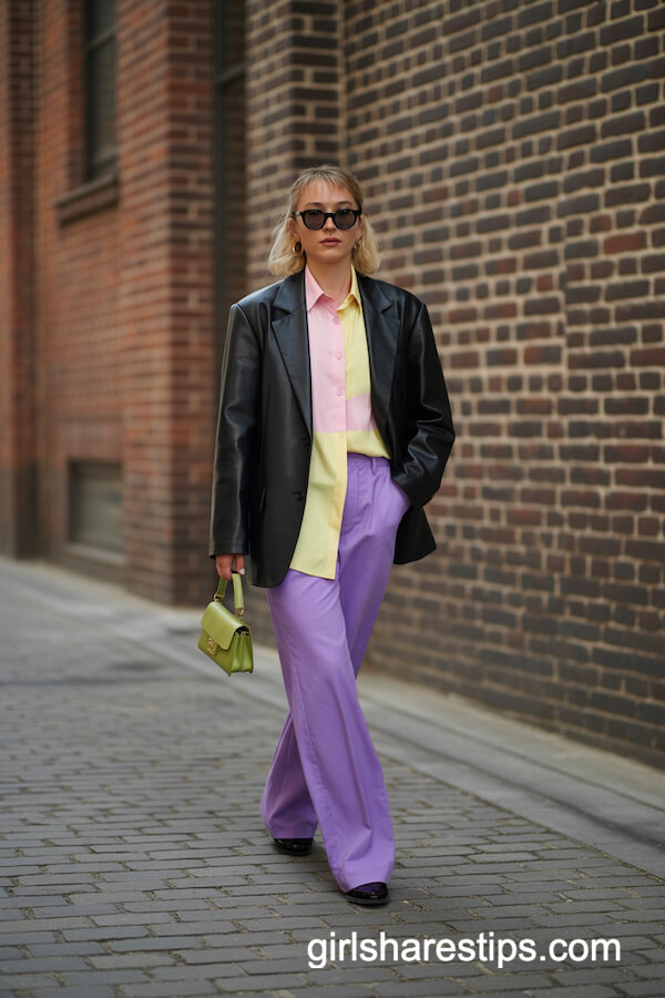 Black Leather Blazer with Pastel Shirt and Purple Pants