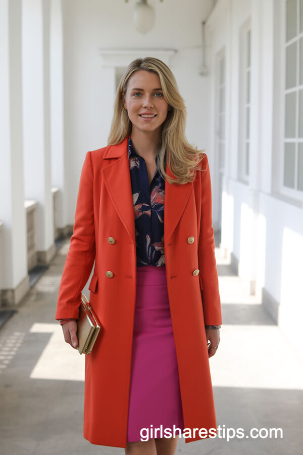 Coral Red Coat with Navy Floral and Magenta Skirt