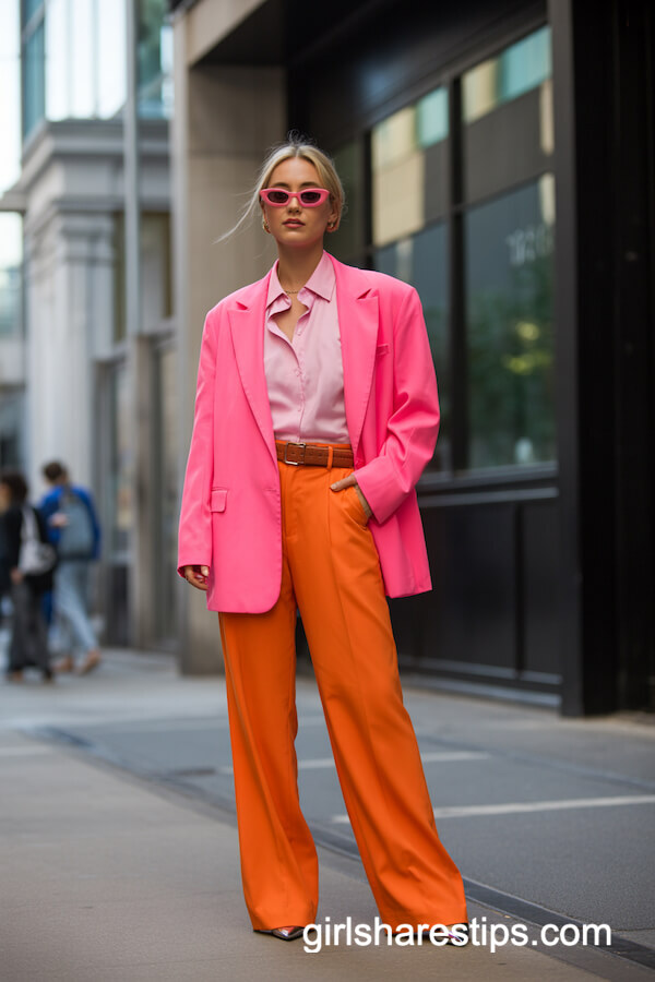 Neon Pink Blazer with Orange Wide-Leg Trousers