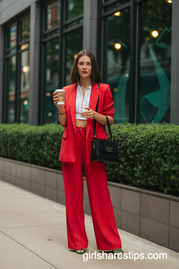 Tailored Red Blazer and Wide-Leg Pantsuit