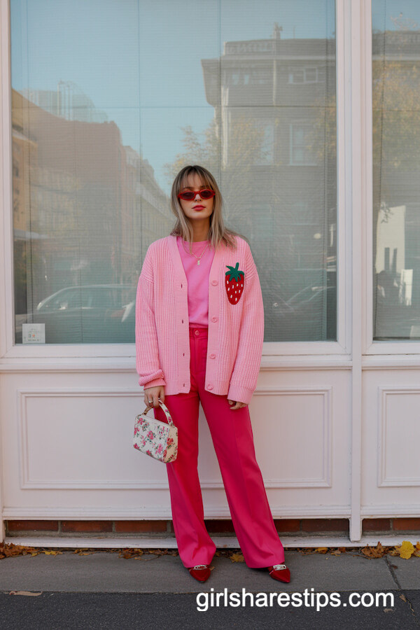 Bright Pink Knit and Red Wide-Leg Trousers