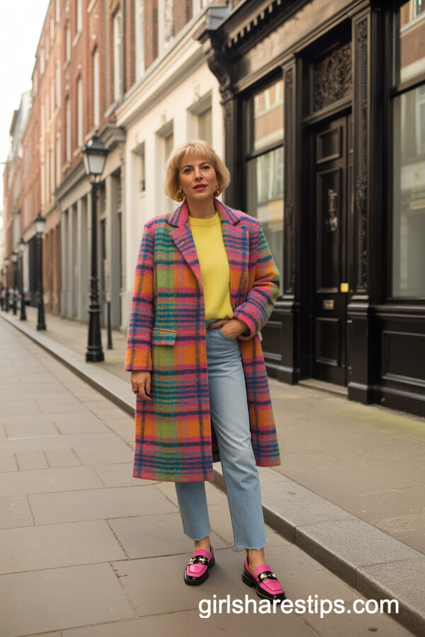 Multicolor Plaid Coat with Yellow Sweater