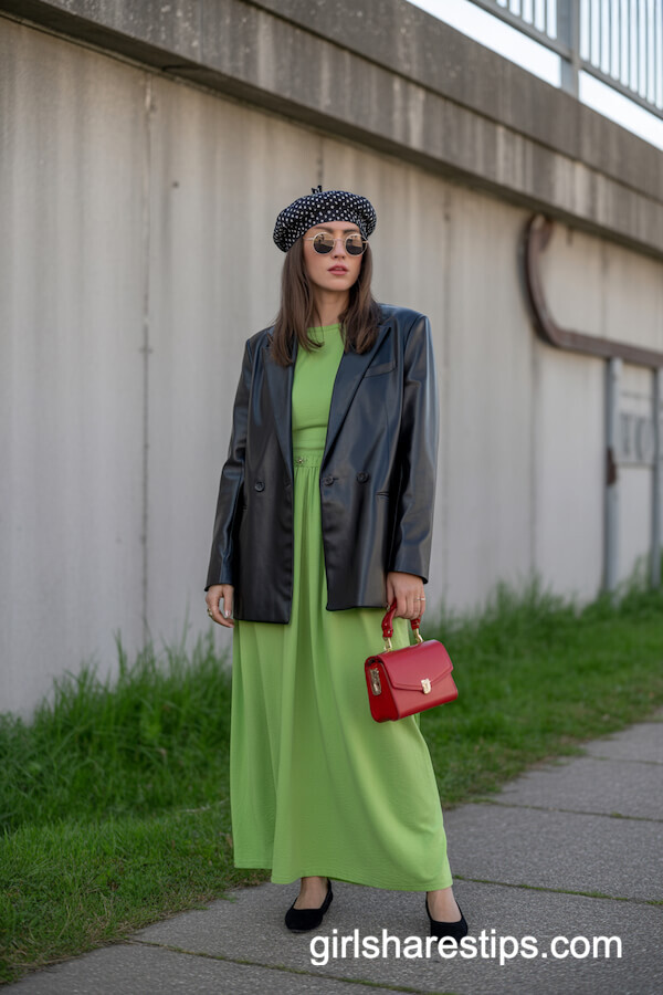 Lime Green Maxi Dress with Black Leather Blazer