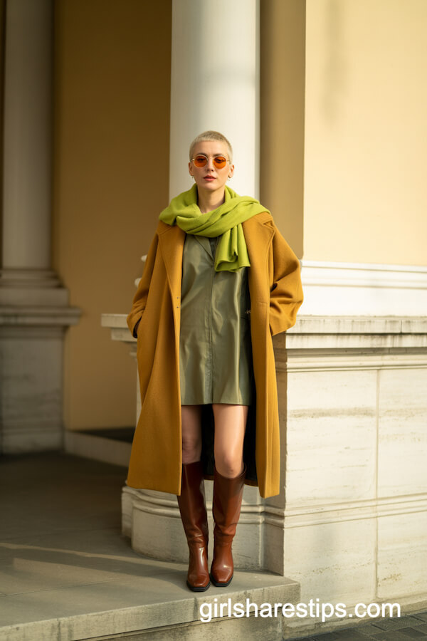 Mustard Wool Coat with Sage Mini Dress