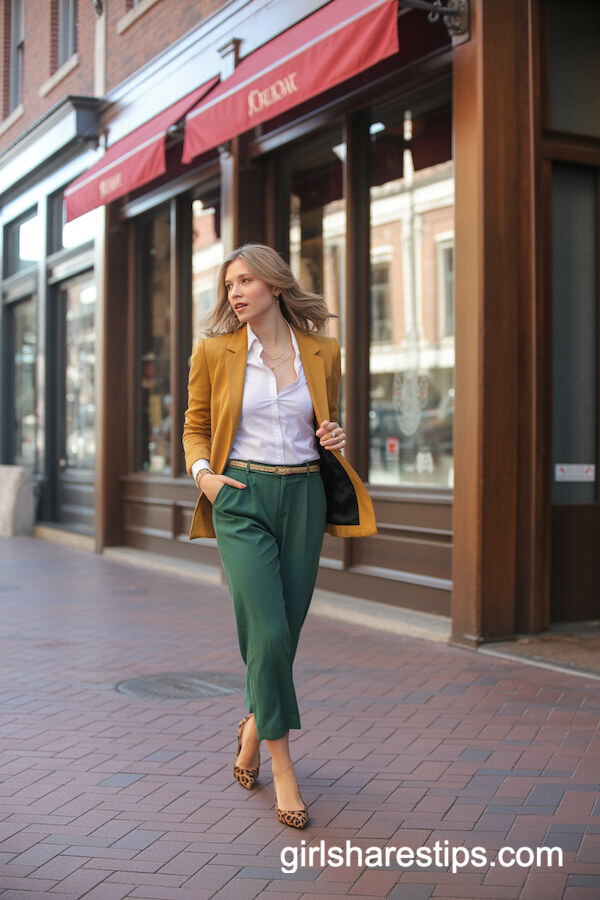 Mustard Blazer with Forest Green Cropped Pants