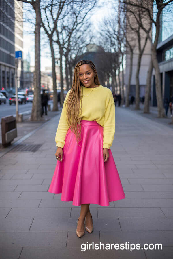 Yellow Sweater with Hot Pink Midi Skirt