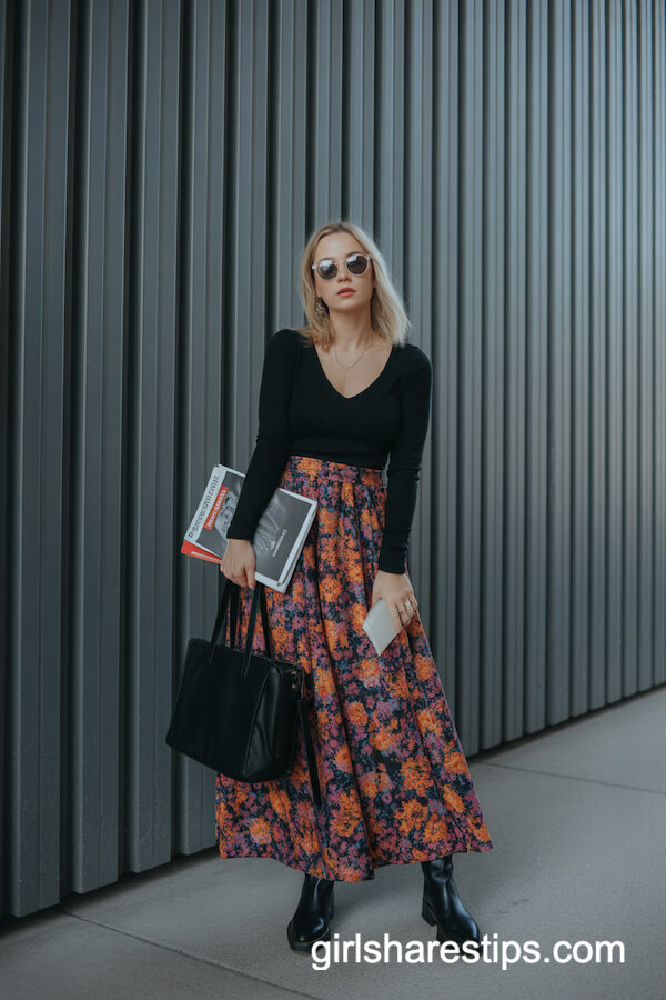 Black Sweater with Floral Maxi Skirt