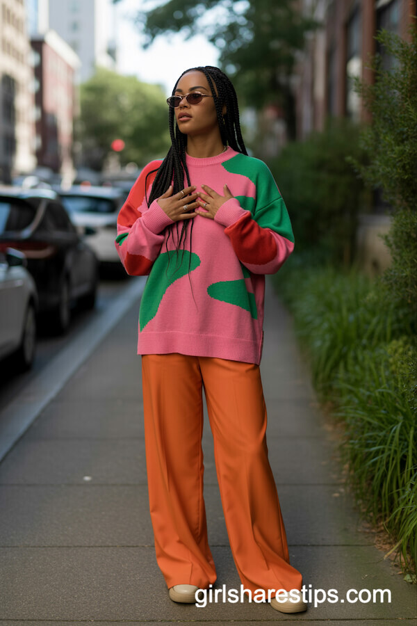 Abstract Pattern Sweater with Orange Wide-Leg Pants