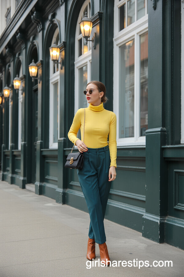 Yellow Turtleneck with Teal Trousers and Boots