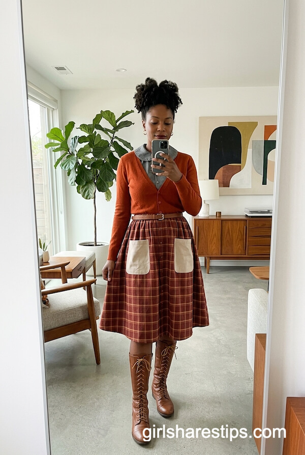 Orange Cardigan with Plaid Skirt