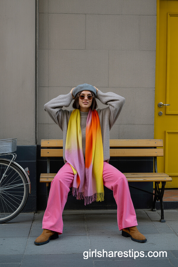 Gradient Scarf with Gray Sweater and Pink Pants