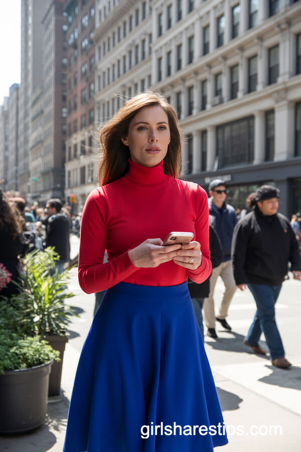 Red Turtleneck and Royal Blue Midi Skirt