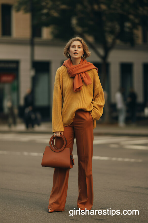 Mustard Knit with Rust Wide-Leg Trousers