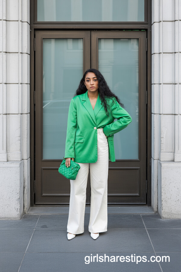 Kelly Green Blazer with White Wide-Leg Trousers