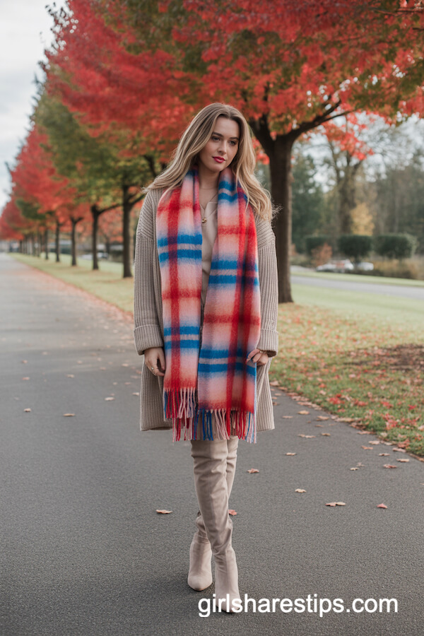Beige Knit Cardigan with Plaid Scarf and Boots