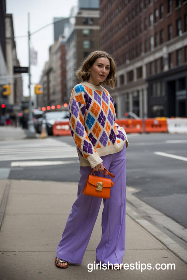 Multicolor Argyle Sweater with Purple Wide-Legs