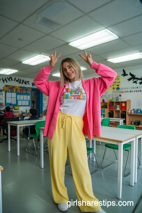 Bright Pink Cardigan with Yellow Wide-Leg Pants