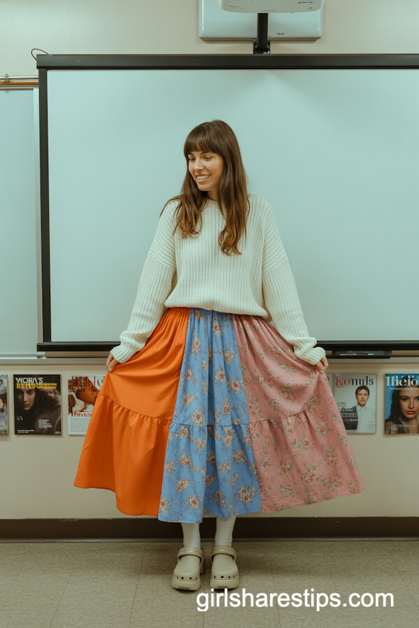 Patchwork Midi Skirt with White Knit Sweater