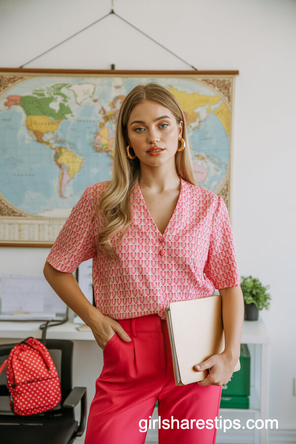 Heart-Patterned Pink Blouse & Red Pants Outfit