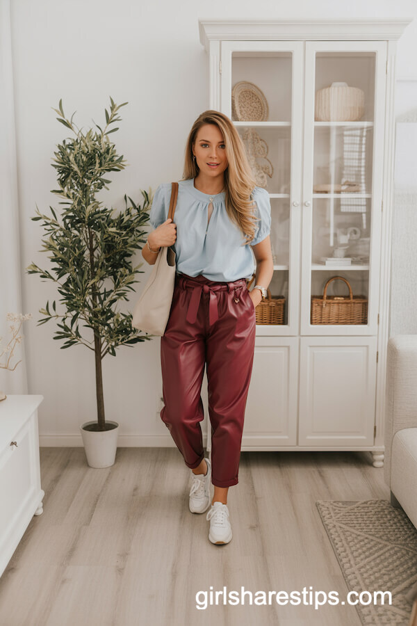 Light Blue Blouse with Burgundy Paperbag Pants