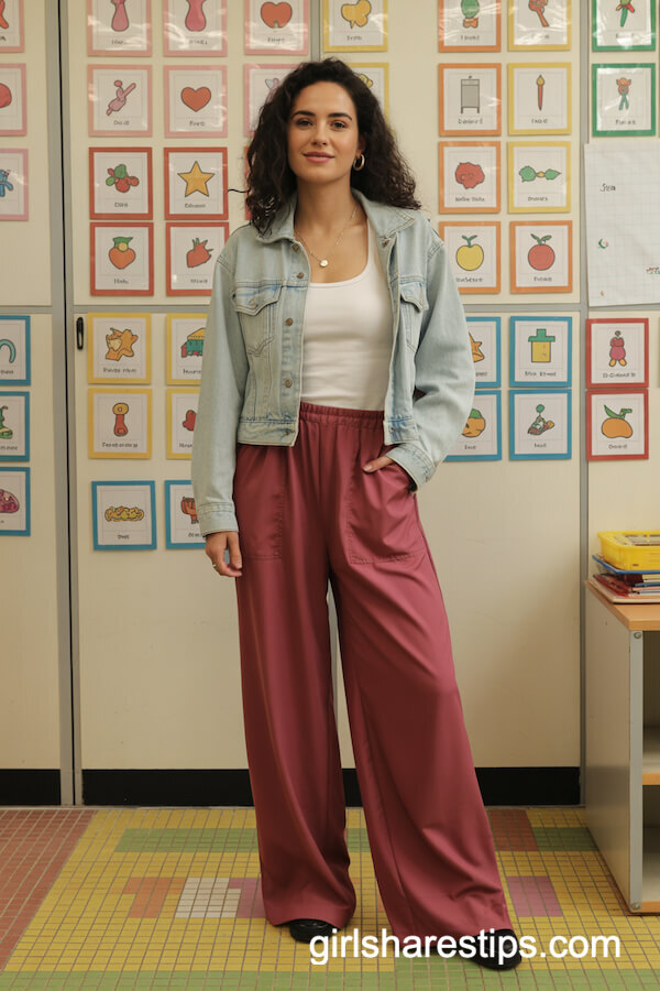 Denim Jacket & Wide-Leg Burgundy Pants
