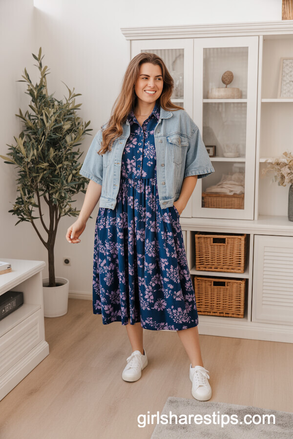 Navy Floral Midi Dress with Denim Jacket