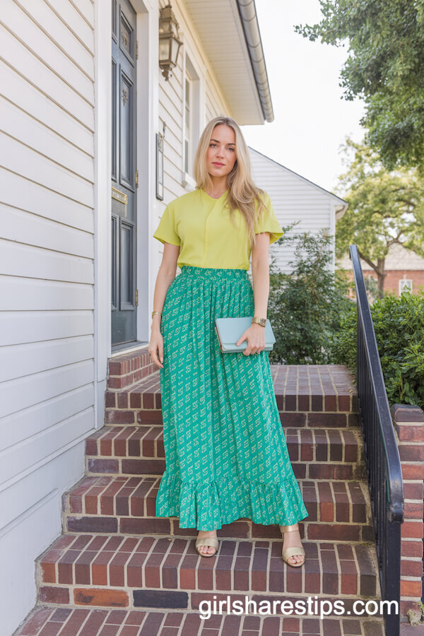 Yellow Top with Green Geometric Maxi Skirt