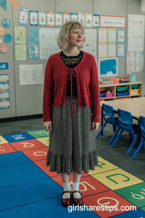 Red Knit Cardigan Pairing with Polka Dot Midi Skirt