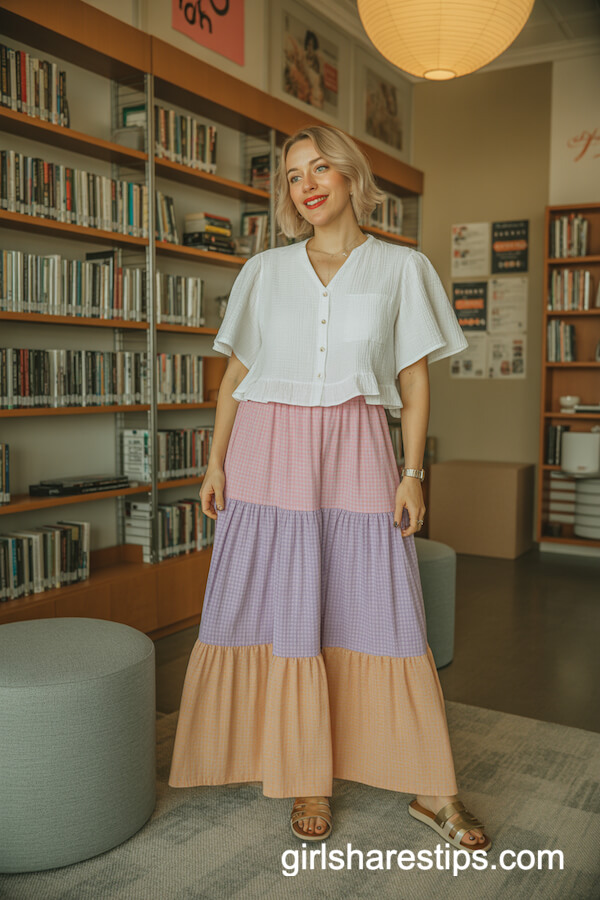 Pastel Tiered Maxi Skirt with White Button-Up Blouse