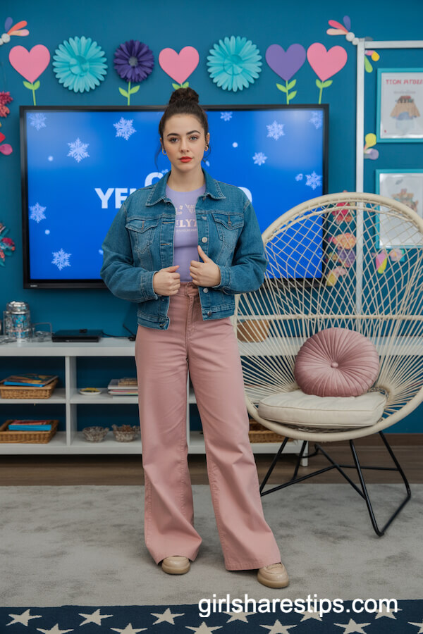 Denim Jacket with Pink Wide-Leg Pants