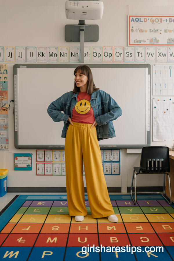 Red Tee and Yellow Wide-Leg Palazzo Pants Outfit
