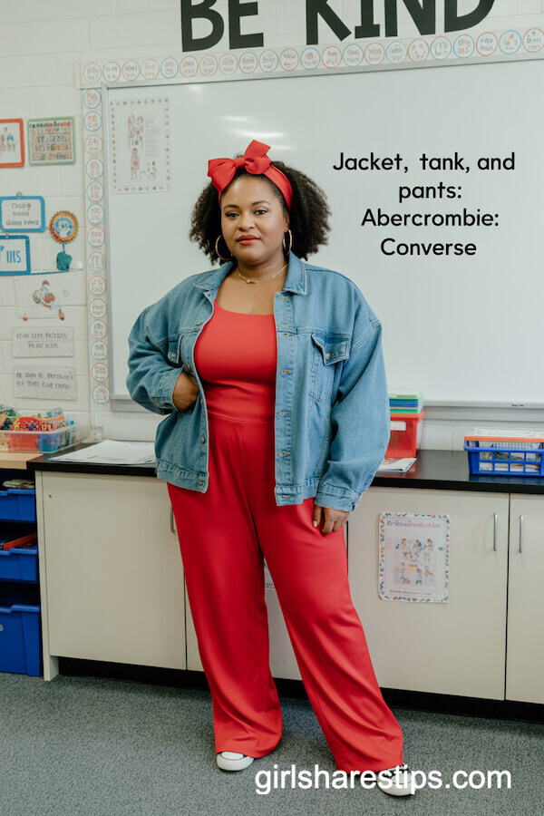 Bold Red Jumpsuit with Denim Jacket