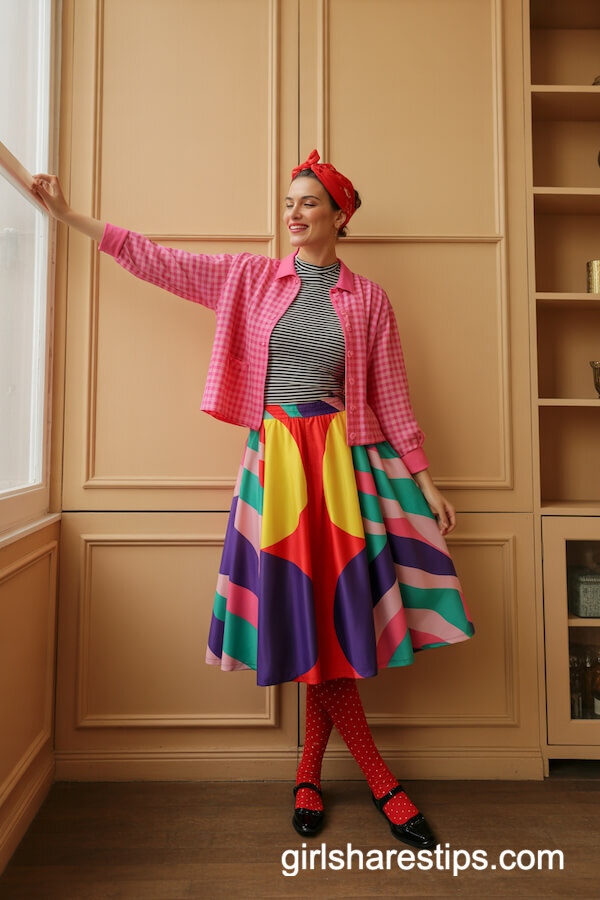 Pink Gingham Cardigan with Geometric Print Skirt