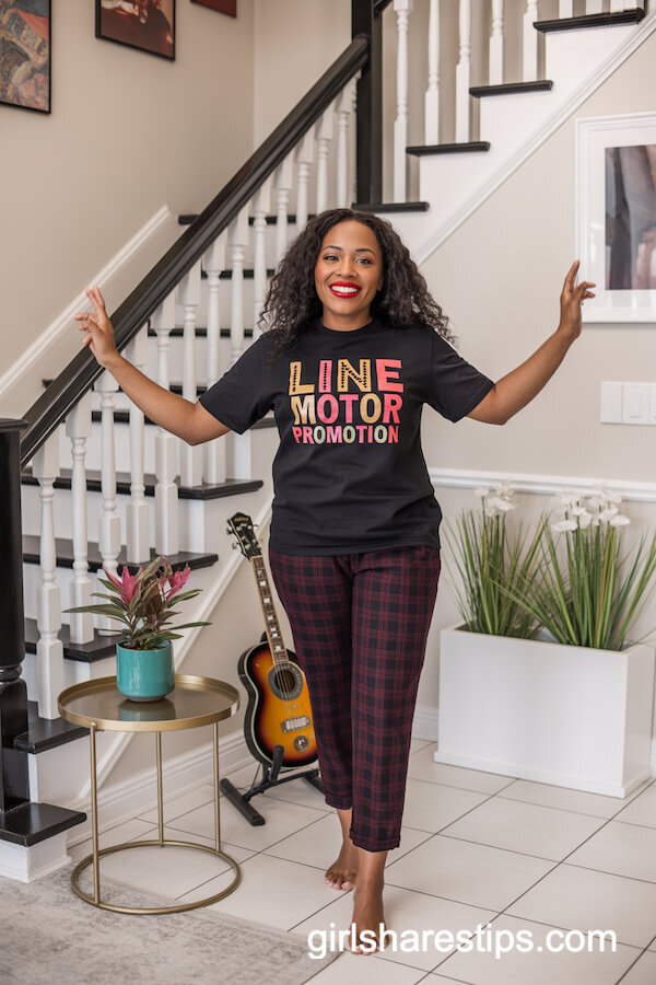 Black Tee with Burgundy Plaid Pants Ensemble