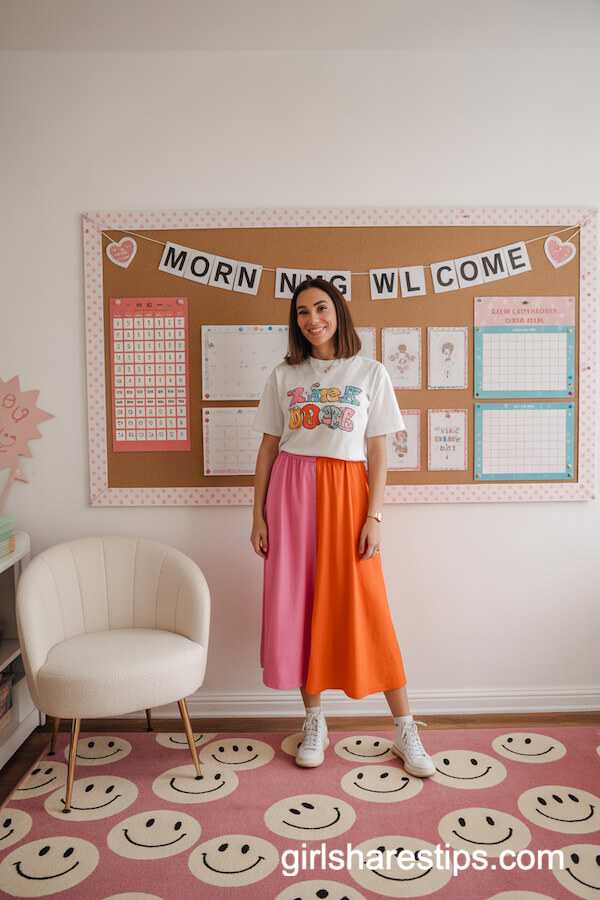 Cartoon Graphic Tee & Two-Tone Midi Skirt Combo