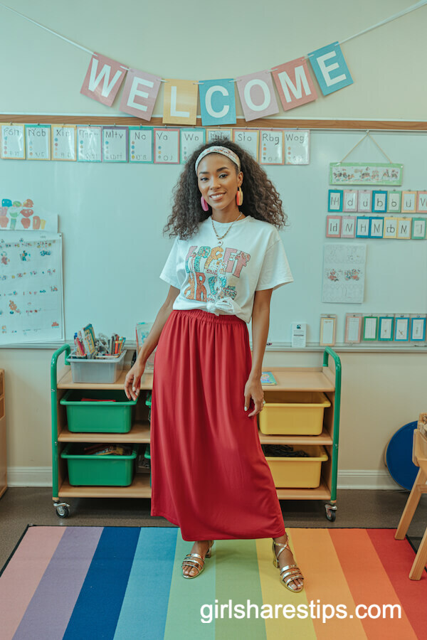 White Graphic Tee with Red Maxi Skirt