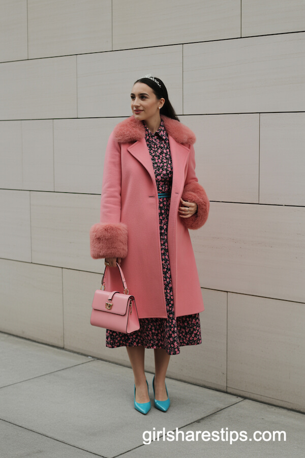 Coral Pink Wool Coat with Floral Dress