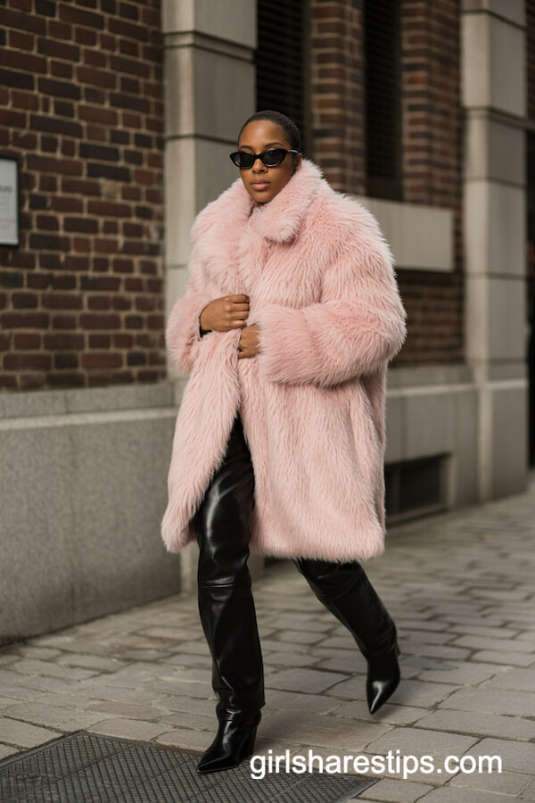Luxurious Pink Faux Fur Coat with Leather Details