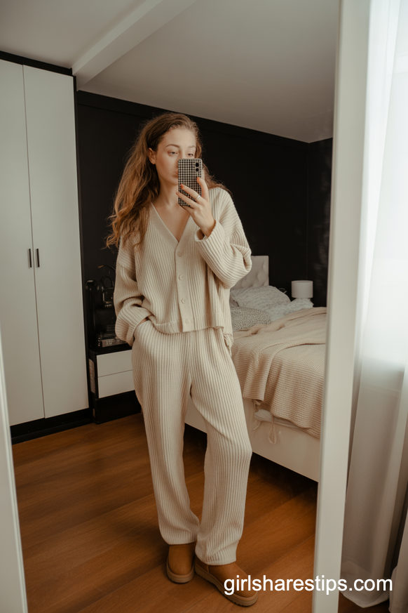 Cream Knit Loungewear Set with UGGs for a Cozy First Night Home