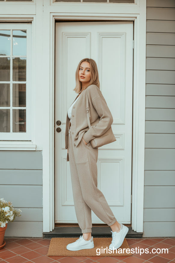 Beige Knit Cardigan and Joggers for a Soft Landing on the Front Porch