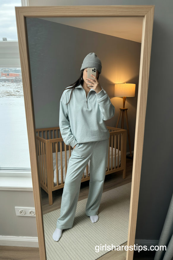 Light Gray Quarter-Zip Loungewear with Beanie for a Chill Winter Discharge Day