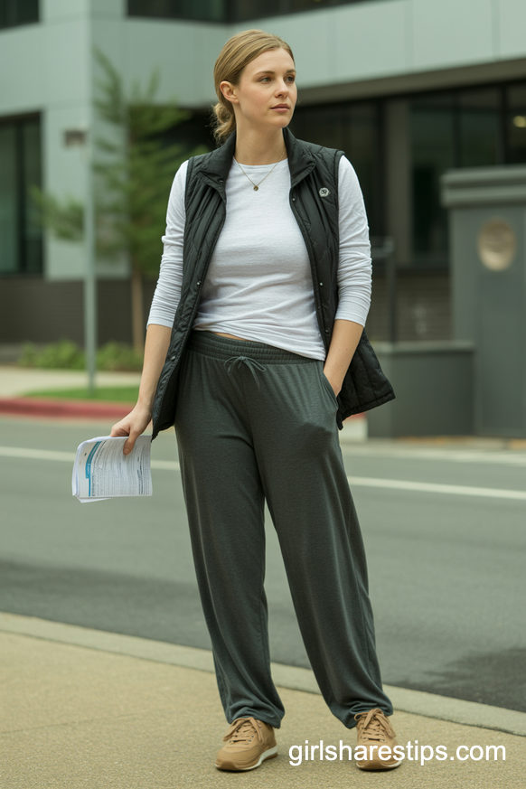 Charcoal Jersey Pants, White Tee, and Quilted Vest for a Layered Hospital Exit Look