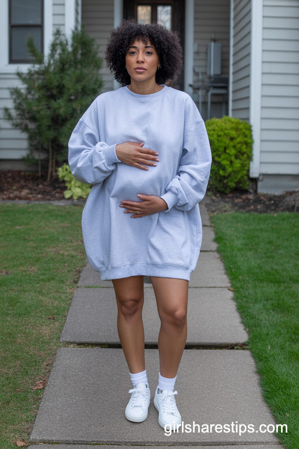 Light Gray Sweatshirt Dress and Sneakers for an Easy One-and-Done Outfit