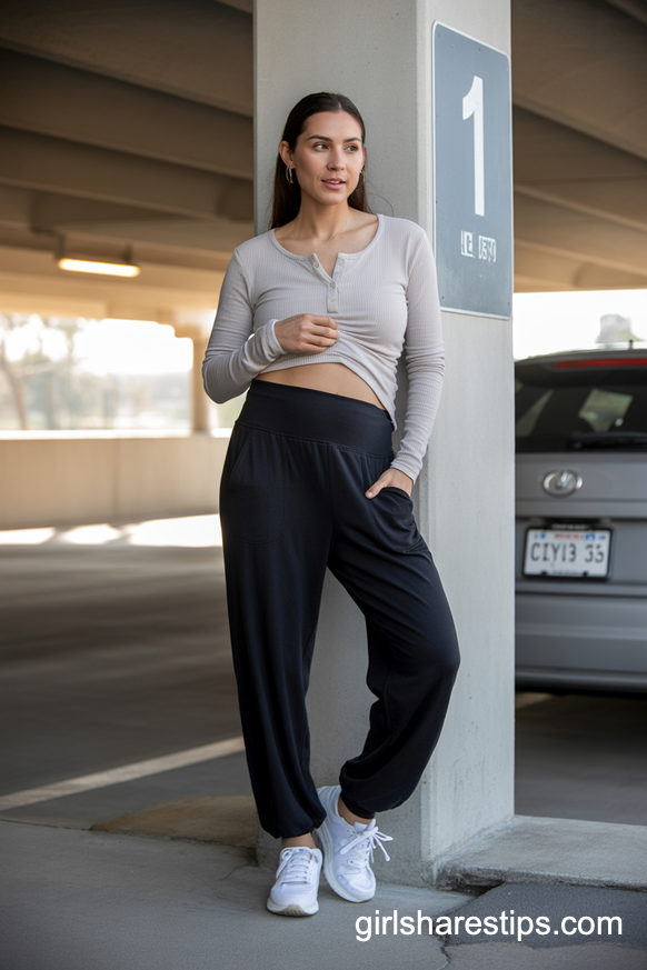 Black Joggers and Waffle Henley for a Recovery-Friendly Parking Garage Look