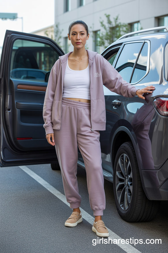 Mauve Zip-Up Jogger Set with Nursing Tank for a Ready-to-Drive-Home Look