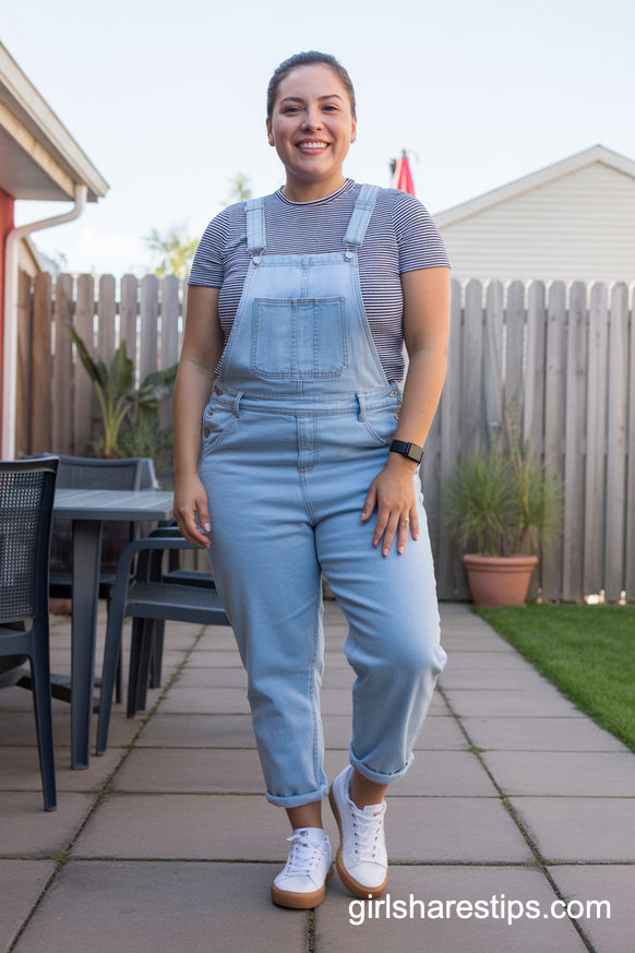 Light Wash Denim Overalls and Stripe Tee for a Playful Backyard First Day Home