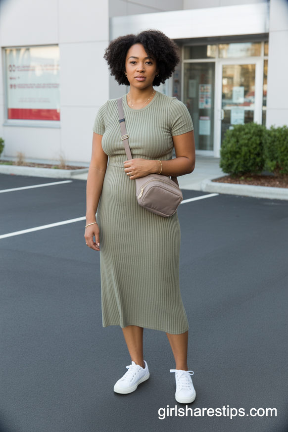 Olive Ribbed Midi Dress with Sneakers for a One-Piece Clinic Parking Lot Look