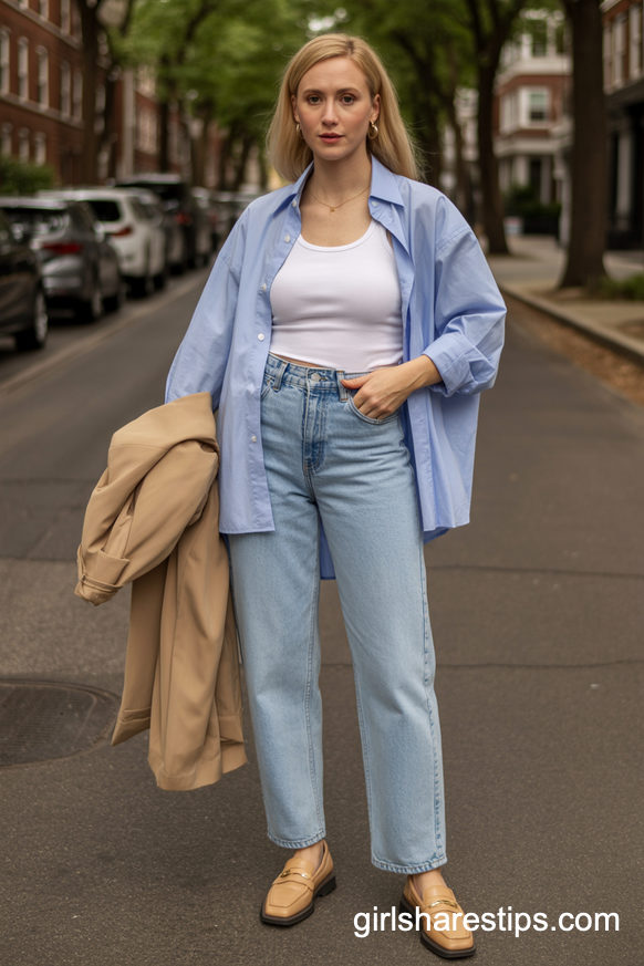 Stretchy Light Wash Jeans and Oversized Button-Down for a Polished Street Style Exit