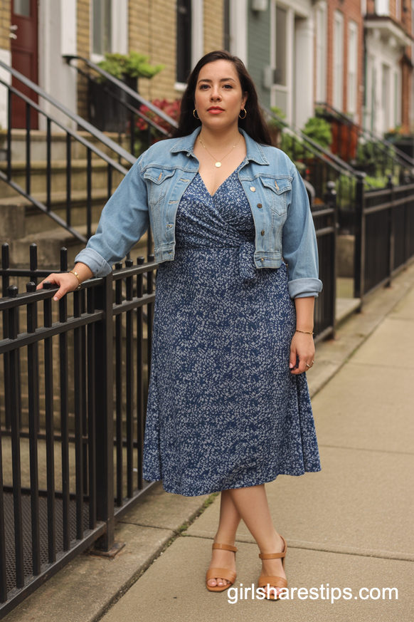 Navy Floral Wrap Dress with Denim Jacket for a Feminine, Nursing-Friendly Look
