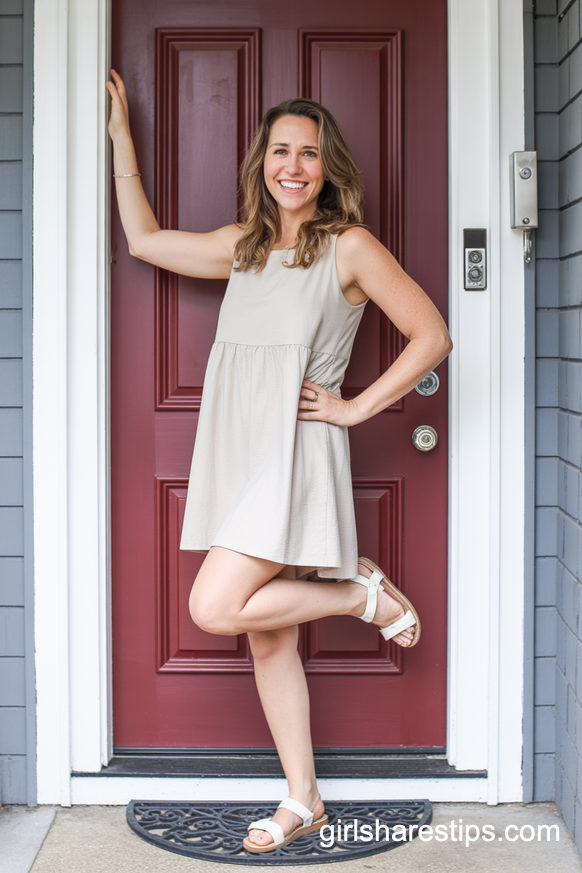 Cream Sleeveless Dress and Sandals for a Simple Front Door Arrival Look